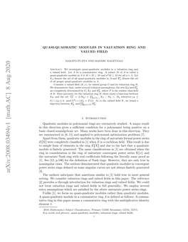 Arxiv:2008.03494V1 [Math.AC] 8 Aug 2020 the Authors Anticipate That Assertions Similar to [1] Hold True in More General Setting