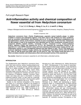 Anti-Inflammation Activity and Chemical Composition of Flower Essential Oil from Hedychium Coronarium