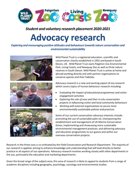 Advocacy Research Exploring and Encouraging Positive Attitudes and Behaviours Towards Nature Conservation and Environmental Sustainability