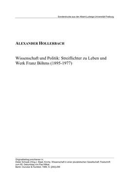 Wissenschaft Und Politik: Streiflichter Zu Leben Und Werk Franz Böhms (1895-1977)