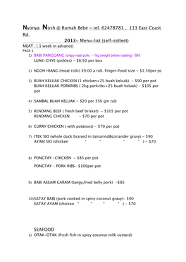 Nyonya Nosh Menu 2013