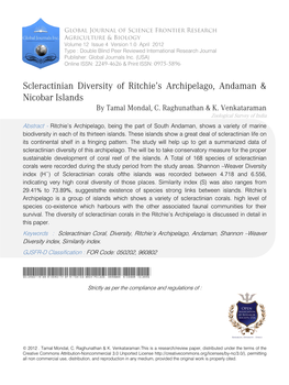 Scleractinian Diversity of Ritchie's Archipelago, Andaman & Nicobar