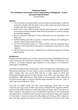 Preliminary Report the Contribution of Fruit Bats to Forest Regeneration in Madagascar – Do Bat- Processed Seeds Do Better? Ryszard Oleksy