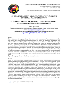 Language Change in Oral Culture of Minangkabau Society: a Diachronic Study