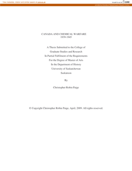 CANADA and CHEMICAL WARFARE 1939-1945 a Thesis Submitted To