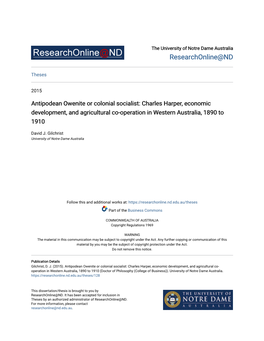 Antipodean Owenite Or Colonial Socialist: Charles Harper, Economic Development, and Agricultural Co-Operation in Western Australia, 1890 to 1910