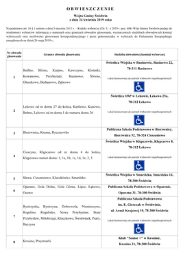 OBWIESZCZENIE Wójta Gminy Świdwin Z Dnia 24 Kwietnia 2019 Roku