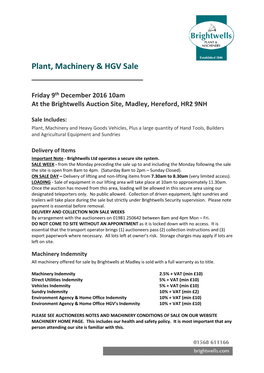 Plant, Machinery & HGV Sale