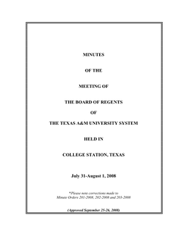 MINUTES of the MEETING of the BOARD of REGENTS of the TEXAS A&M UNIVERSITY SYSTEM HELD in COLLEGE STATION, TEXAS July 31-Au