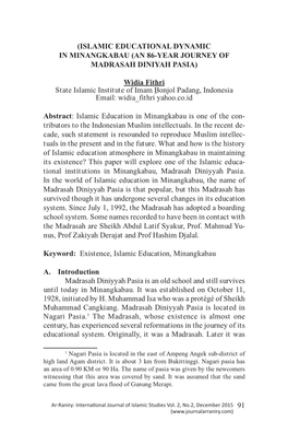 Islamic Educational Dynamic in Minangkabau (An 86-Year Journey of Madrasah Diniyah Pasia