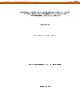 Studies on Cattle Milk and Meat Production in Fogera Woreda: Production Systems, Constraints and Opportunities for Development M