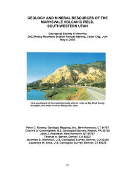 Geology and Mineral Resources of the Marysvale Volcanic Field, Southwestern Utah