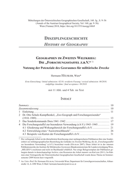 Geographen Im Zweiten Weltkrieg: Die „Forschungsstaffel Z.B.V.“ 1) Nutzung Der Potenziale Des Georaumes Für Militärische Zwecke