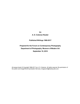 An A. D. Coleman Reader Published Writings 1968-2017 Prepared For