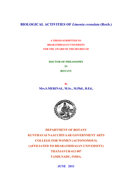 BIOLOGICAL ACTIVITIES of Limonia Crenulata (Roxb.)