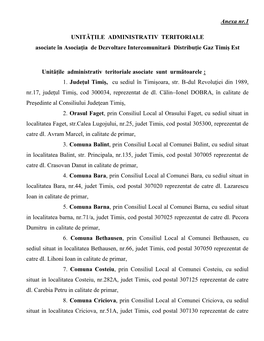 Anexa Nr.1 UNITĂȚILE ADMINISTRATIV TERITORIALE Asociate În Asociaţia De Dezvoltare Intercomunitară Distribuţie Gaz Ti