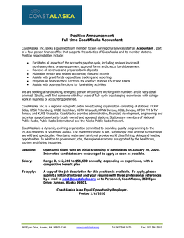 Position Announcement Full Time Coastalaska Accountant