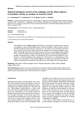 Classical Biological Control of the Cabbage Root Fly, Delia