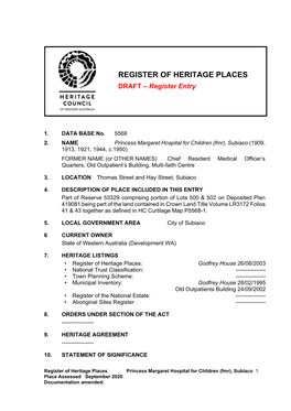 REGISTER of HERITAGE PLACES DRAFT – Register Entry