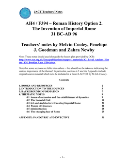 AH4 / F394 – Roman History Option 2. the Invention of Imperial Rome 31 BC-AD 96