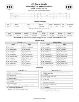 CFL Game Details Hamilton Tiger-Cats @ Edmonton Eskimos Week #5 - Game #28 - Year 2016 July 23, 2016-19:00 - Commonwealth Stadium