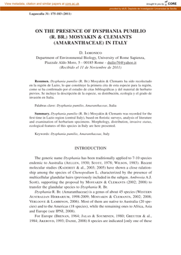 On the Presence of Dysphania Pumilio (R. Br.) Mosyakin & Clemants (Amaranthaceae) in Italy