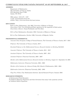 Curriculum Vitae for Nataša Pavlovi´C As Of