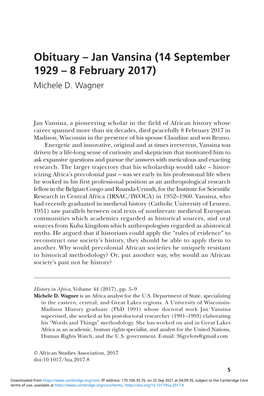 Jan Vansina (14 September 1929 – 8 February 2017) Michele D