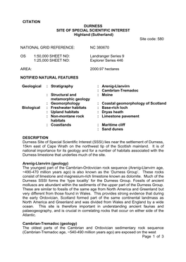 CITATION DURNESS SITE of SPECIAL SCIENTIFIC INTEREST Highland (Sutherland) Site Code: 580 NATIONAL GRID REFERENCE: NC 380670 OS