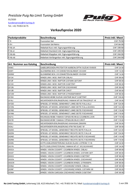 Preisliste Puig No Limit Tuning Gmbh Verkaufspreise 2020