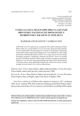 Na Jačanje Hrvatske Nacionalne Ideologije U Dubrovniku Krajem 19