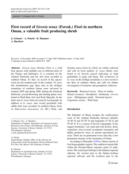 First Record of Grewia Tenax (Forssk.) Fiori in Northern Oman, a Valuable Fruit Producing Shrub