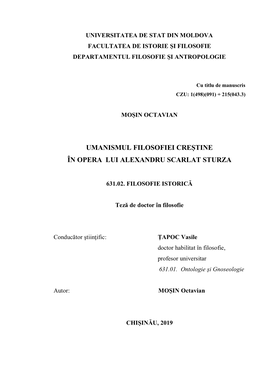 Universitatea De Stat Din Moldova Facultatea De Istorie Şi Filosofie Departamentul Filosofie Şi Antropologie