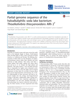 Partial Genome Sequence of the Haloalkaliphilic Soda Lake Bacterium Thioalkalivibrio Thiocyanoxidans Arh 2T Tom Berben1, Dimitry Y