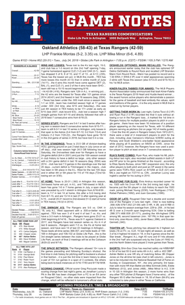 At Texas Rangers (42-59) LHP Frankie Montas (5-2, 3.35) Vs