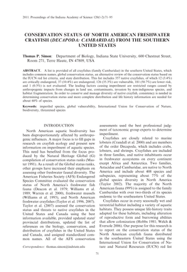 Conservation Status of North American Freshwater Crayfish (Decapoda: Cambaridae) from the Southern United States