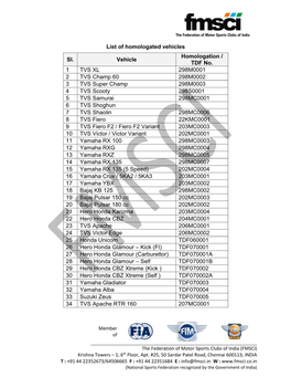 List of Homologated Vehicles