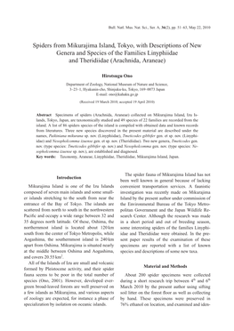 Spiders from Mikurajima Island, Tokyo, with Descriptions of New Genera and Species of the Families Linyphiidae and Theridiidae (Arachnida, Araneae)