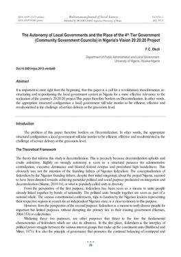 The Autonomy of Local Governments and the Place of the 4Th Tier Government (Community Government Councils) in Nigeria’S Vision 20:20:20 Project