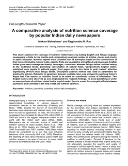 A Comparative Analysis of Nutrition Science Coverage by Popular Indian Daily Newspapers