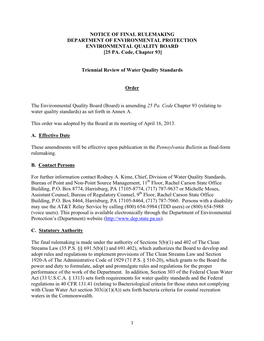 1 Notice of Final Rulemaking Department Of