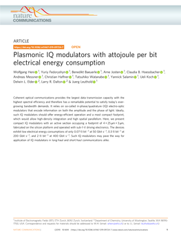 Plasmonic IQ Modulators with Attojoule Per Bit Electrical Energy Consumption