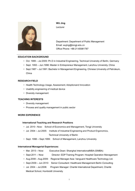 WU Jing Lecturer Department: Department of Public Management
