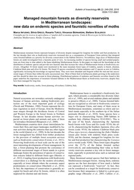 Managed Mountain Forests As Diversity Reservoirs in Mediterranean Landscapes: New Data on Endemic Species and Faunistic Novelties of Moths