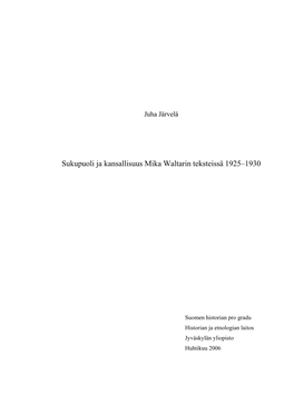 Sukupuoli Ja Kansallisuus Mika Waltarin Teksteissä 1925–1930