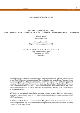 Nber Working Paper Series Putting the Co in Education