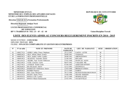 Liste Des Eleves Admis Au Concours Regulierement Inscrits En 2014 - 2015