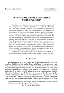 Disintegration of the Monetary System of Medieval Serbia