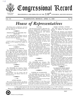 Congressional Record United States Th of America PROCEEDINGS and DEBATES of the 110 CONGRESS, SECOND SESSION