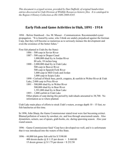 Early Fish and Game Activities in Utah, 1891 - 1914